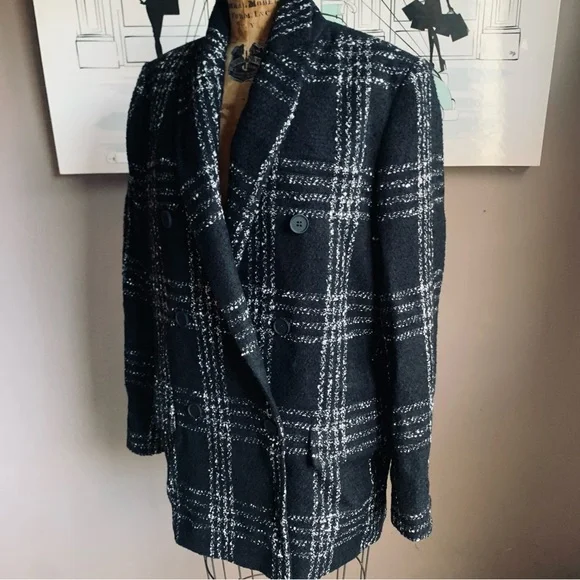 All Saints Astrid Black and White Check tweed Double breasted Blazer, 8 - Picture 10 of 11
